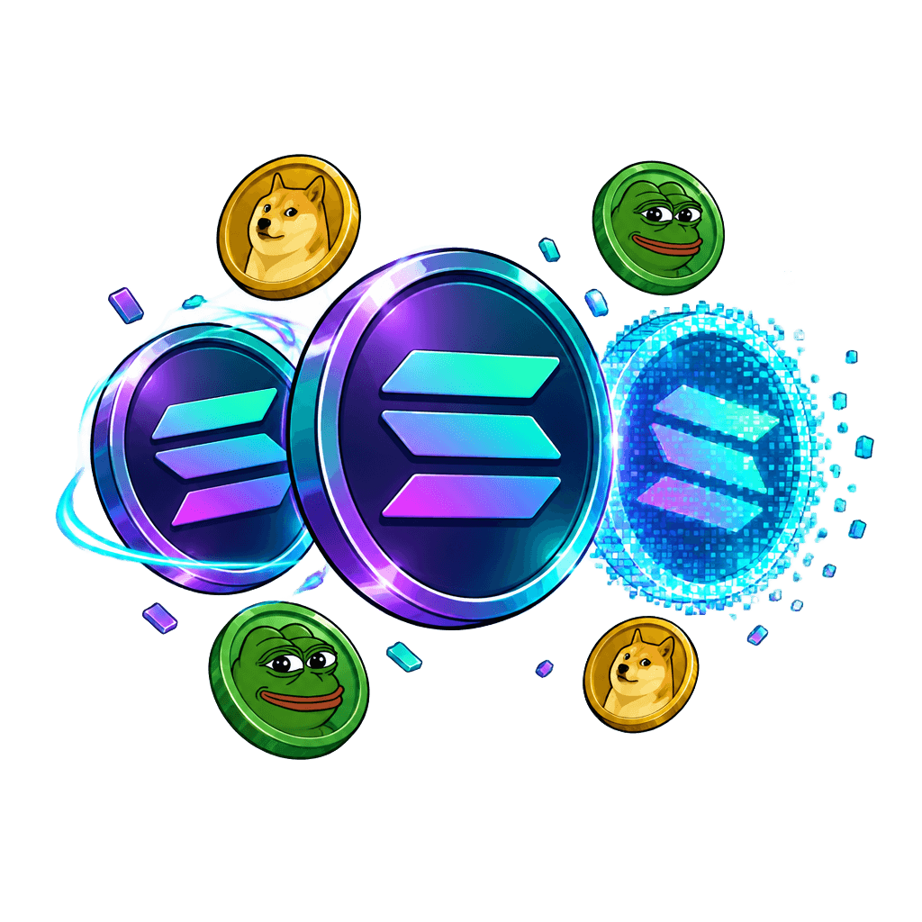 A Solana meme coin duplicating into glowing holographic copies