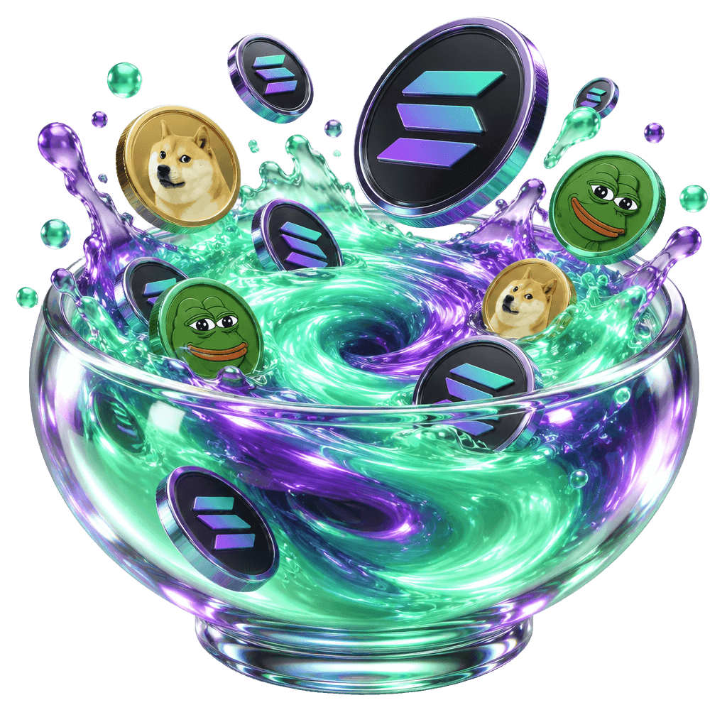Solana and meme coins swirling into a glowing liquidity pool